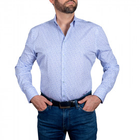 Camasa alba slim casual barbati cu imprimeu bleu paisley Luxury Slim Fit EASY IRON